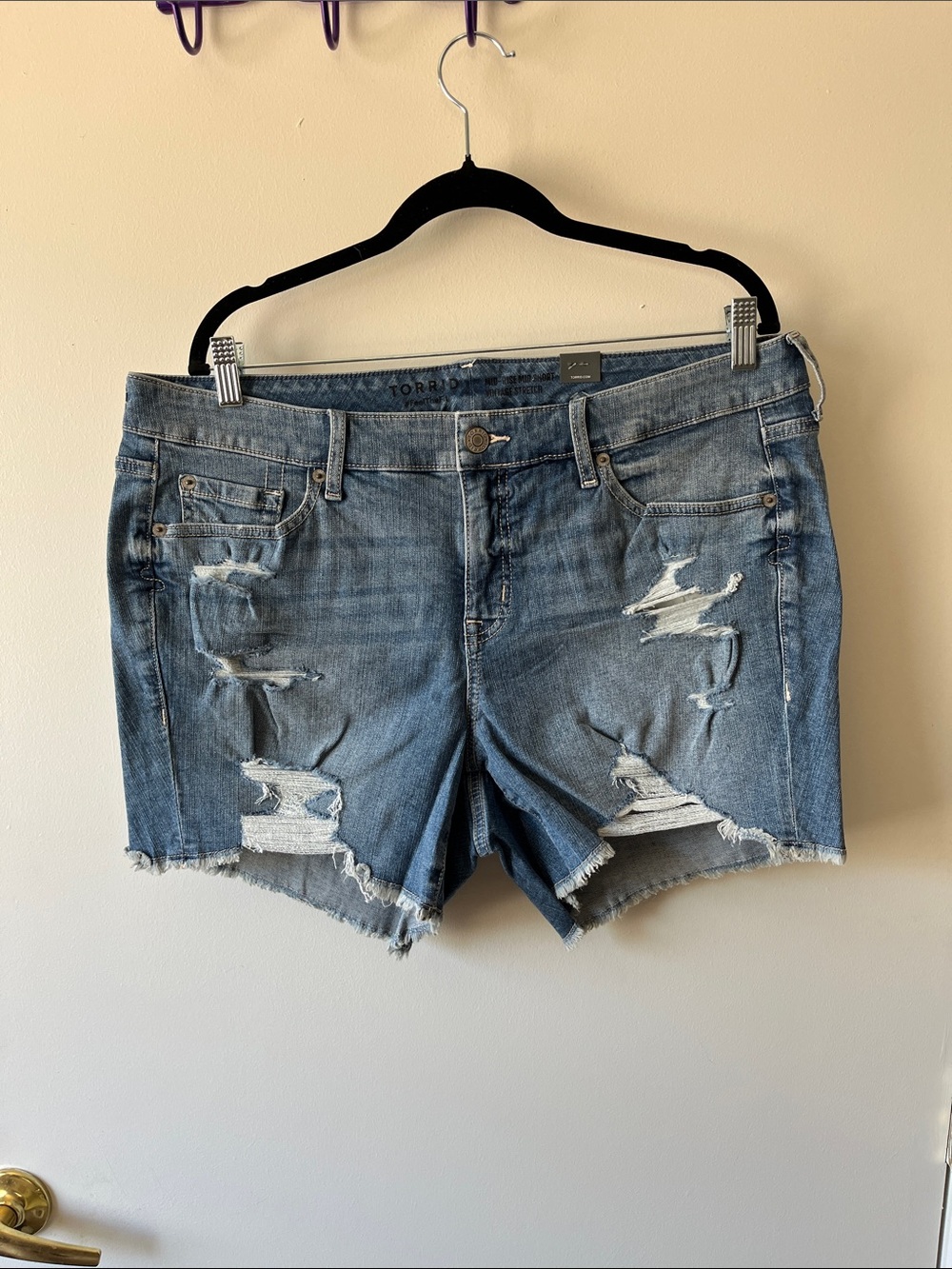 torrid Mid Rise Vintage Stretch Distressed Light Blue Denim Jean Shorts